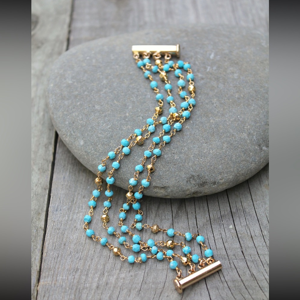 Turquoise Bracelet Four Strand Beaded Gemstone gold bracelet